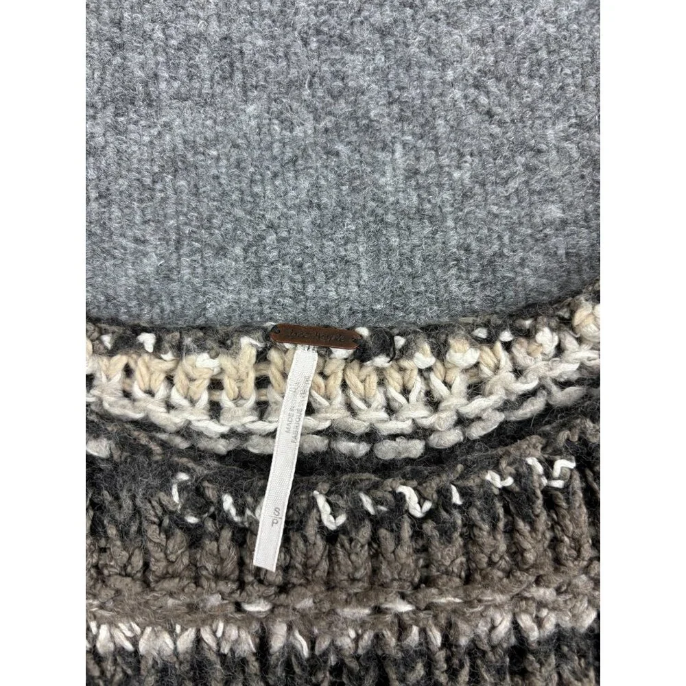 Free People Cream and Gray Striped Knit Scoop Neck Sweater